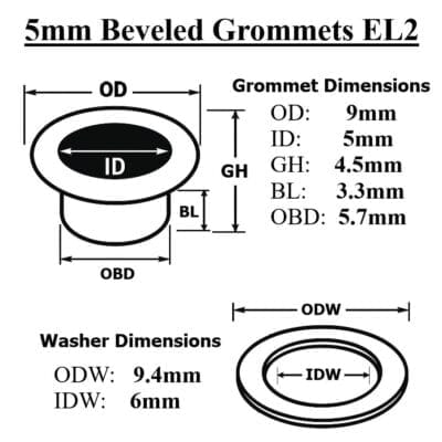 Diagram of EL2 5mm Beveled Grommet and Washer with labeled dimensions: OD 9mm, ID 5mm, GH 4.5mm, BL 3.3mm, OBD 5.7mm; Washer ODW 9.4mm, IDW 6mm. -Avetco