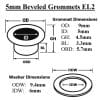 Diagram of EL2 5mm Beveled Grommet and Washer with labeled dimensions: OD 9mm, ID 5mm, GH 4.5mm, BL 3.3mm, OBD 5.7mm; Washer ODW 9.4mm, IDW 6mm. -Avetco
