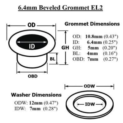 Diagram of 6.4mm EL2 Beveled Grommet and Washer with labeled dimensions: OD 10.8mm, ID 6.4mm, GH 5mm, BL 4mm, OBD 7mm; Washer ODW 12mm, IDW 7mm.