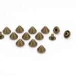8 mm Cone Head Rivet- AB AR197 | Avetco Leather Hides and Eva Foam 8mm cone head rivet arranged by finish (nickel, brushed antique nickel and brushed antique brass) with posts and caps.