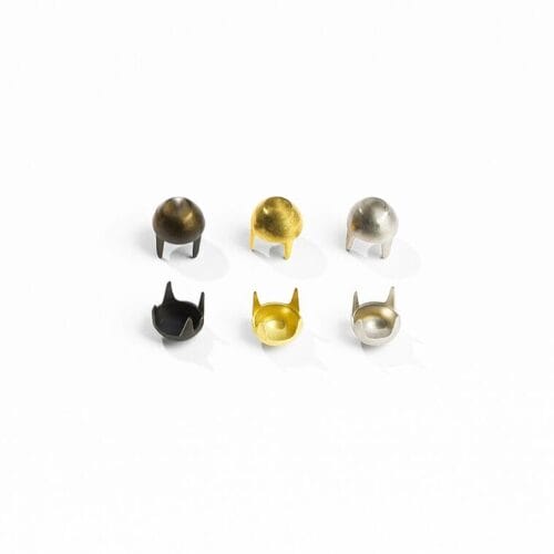 6.5mm cone nailheads a59 shown from top and bottom views, with four prongs for secure attachment to leather or fabric.