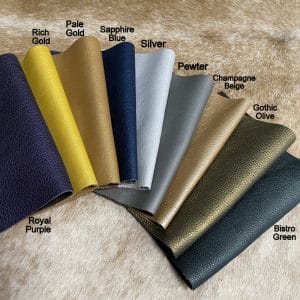 The Hudson Metallic Collection - a unique style that boasts a distressed look and pearlized finish. The leather has a smooth and silky surface, showcasing an array of vibrant colors that shimmer in the light. This collection features natural drum-dyed leather that is full grain and made from full-hide cowhide. With an average hide size of 18-20 square feet, the leather is 3 ounces thick (1.0 - 1.2mm) with a pearlized natural grain texture. The temper is medium-soft, and the tannage is chrome-tanned.