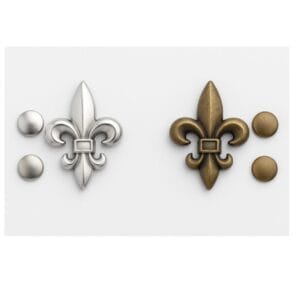 Nickel and antique brass fleur-de-lis rivets with matching rivet caps for leathercraft, handbags, shoes, and accessories