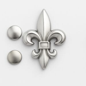 Nickel fleur-de-lis rivet with three matching rivet caps for leather accessories, handbags, costumes, and footwear hardware
