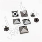 "13.7mm gunmetal pyramid rivets with post and cap shown on white background"