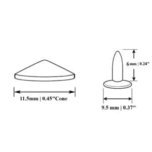 11.5mm cone rivet AR138 – decorative alloy rivet with 0.45″ cone head, 5.8 mm post, 9.5 mm flat cap – Nickel, Gold, Brushed Antique Nickel and Brushed Antique Brass finishes