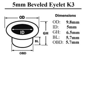 Avetco Inc. 5mm beveled metal eyelets Model K3 in gold finish – no washer – displayed on white background for leathercraft and garment use.