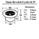 Avetco Inc. 5mm beveled metal eyelets Model K19 in gold finish – no washer – displayed on white background for leathercraft and garment use.