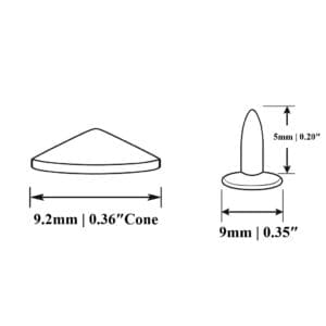 9.2mm cone rivet AR138 – decorative cone head rivet with 0.36″ cone, 5 mm post and 9 mm flat cap; finishes: Nickel, Gold, Brushed Antique Nickel and Brushed Antique Brass; high‑quality alloy, nickel‑free & lead‑free.