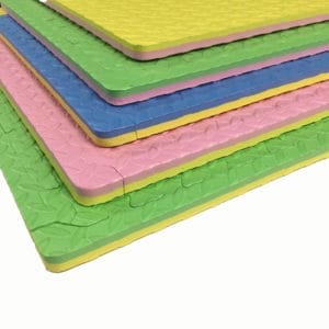 Interlocking puzzle mat tiles are made from premium-grade, high-density EVA foam rubber. These tiles are thick and textured, providing softness, safety, and durability. These colorful mats are double-sided, reversible, and interchangeable, creating a checkered pattern with the two colors of your choice. If you change your mind, the mats can easily be flipped over to the other colors creating a whole new atmosphere. They are perfect for a children’s playroom, gym fitness, dance, yoga, martial arts, sound control, and much more.