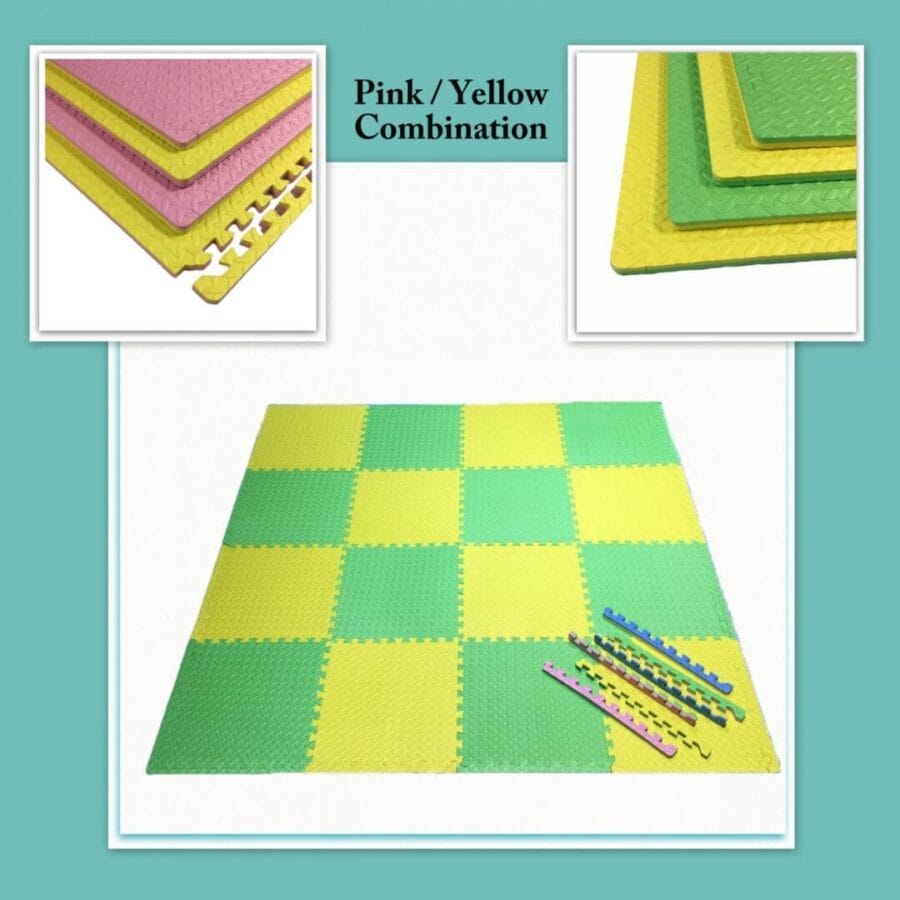 Interlocking puzzle mat tiles are made from premium-grade, high-density EVA foam rubber. These tiles are thick and textured, providing softness, safety, and durability. These colorful mats are double-sided, reversible, and interchangeable, creating a checkered pattern with the two colors of your choice. If you change your mind, the mats can easily be flipped over to the other colors creating a whole new atmosphere. They are perfect for a children’s playroom, gym fitness, dance, yoga, martial arts, sound control, and much more.