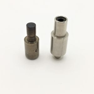 Top and bottom inserts of EL2 die setter – 9.4mm and 12.6mm sizes displayed for use with 8mm beveled grommets