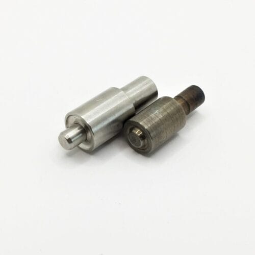 Close-up of EL2 die setter tool for 8mm (0.31″) beveled grommets, showing steel construction and top insert detail