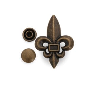 An antique brass Fleur-de-Lis decorative rivet with matching cap and socket on a clean white background.
