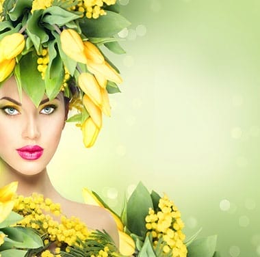 "Fashion portrait featuring floral accessories with vibrant yellow tones"
