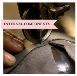 The internal components of a product are crucial to its quality and durability. In the case of the product in question, the components consist of bonded leather, a material made by bonding scraps of leather together to create a strong and durable surface; fusible fabrics, which are fabrics treated with an adhesive that allows them to be easily bonded to other materials; reinforcement tapes, which are used to strengthen seams and edges; sock lining, which is a soft and comfortable material used to line the interior of the product; and cellulose boards, which are stiff and lightweight boards made from plant-based materials used to provide structure and support to the product.