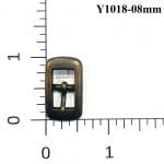 Close-up of Y1018 10mm Center Bar Buckles in Antique Brass finish, made of zinc alloy, designed for straps. Compact, rectangular design with a center bar, photographed on a neutral background.