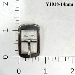 Close-up of Y1018 14mm Center Bar Buckles in Nickel finish, made of zinc alloy, designed for straps. Compact, rectangular design with a center bar, photographed on a neutral background.