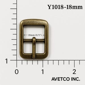 Close-up of Y1018 18mm Center Bar Buckles in Antique Brass finish, made of zinc alloy, designed for straps. Compact, rectangular design with a center bar, photographed on a neutral background.