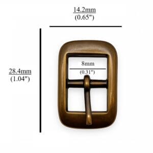Close-up of Y1018 10mm Center Bar Buckles in Antique Brass finish, made of zinc alloy, designed for straps. Compact, rectangular design with a center bar, photographed on a neutral background.