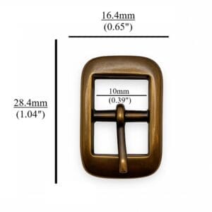 Close-up of Y1018 10mm Center Bar Buckles in Antique Brass finish, made of zinc alloy, designed for straps. Compact, rectangular design with a center bar, photographed on a neutral background.