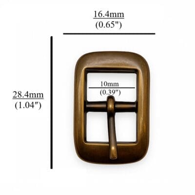 Close-up of Y1018 10mm Center Bar Buckles in Antique Brass finish, made of zinc alloy, designed for straps. Compact, rectangular design with a center bar, photographed on a neutral background.