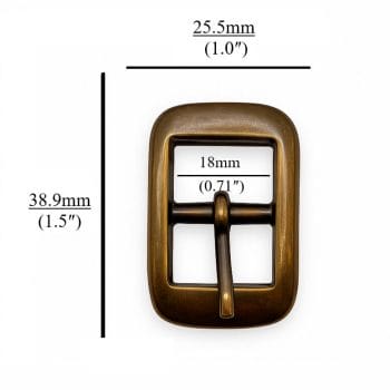 Close-up of Y1018 18mm Center Bar Buckles in Antique Brass finish, made of zinc alloy, designed for straps. Compact, rectangular design with a center bar, photographed on a neutral background.