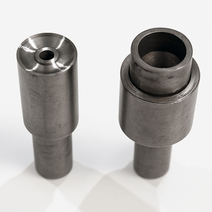 A56 9mm Cone Nailhead die setter tools used for attaching 6.5mm A56 cone nailheads, shown from top and side angles, with a hollow cylindrical design and smooth steel finish.