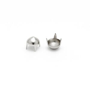 9mm A56 cone nailheads in shiny nickel plating, shown from top and bottom views, with four prongs for secure attachment to leather or fabric.