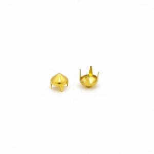 9mm A56 cone nailheads in gold plating, shown from top and bottom views, with four prongs for secure attachment to leather or fabric.