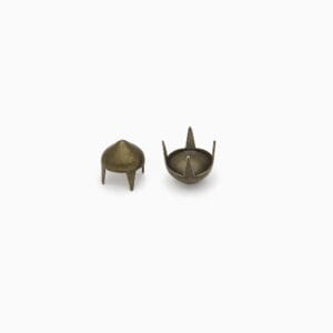 9mm A56 cone nailheads in Antique Brass plating, shown from top and bottom views, with four prongs for secure attachment to leather or fabric.
