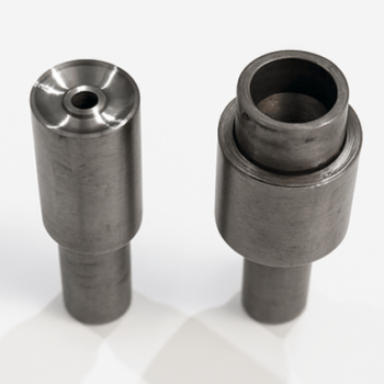 die setter tools used for attaching 6.5mm A59 cone nailheads, shown from top and side angles, with a hollow cylindrical design and smooth steel finish.