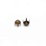 6.5mm A59 cone nailheads in Antique Brass plating, shown from top and bottom views, with four prongs for secure attachment to leather or fabric.