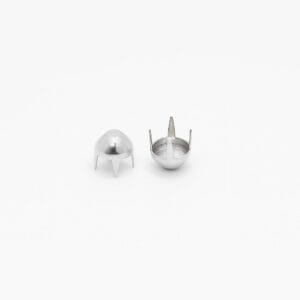6.5mm A59 cone nailheads in nickel plating, shown from top and bottom views, with four prongs for secure attachment to leather or fabric.