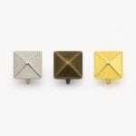 A60-10mm Pyramid Nailhead-Avetco | Avetco Leather Hides and Eva Foam Nickel, Antique Brass, and Gold 10mm pyramid nailhead a60 displayed side by side for color comparison in leathercraft and accessory use