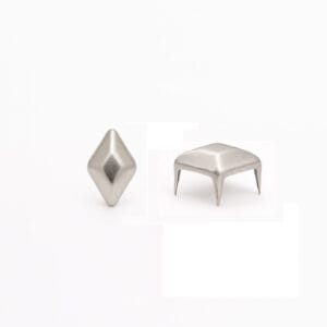 Diamond nailhead NH69 in nickel finish — front and angled side views showing reflective surface and four prongs, Avetco