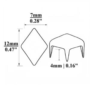 Diamond NailHead NH69 Outline-Avetco | Avetco Leather Hides and Eva Foam Technical outline of diamond nailhead NH69 with measurements — 12mm tall, 7mm wide, 4mm prong height, Avetco