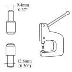 Line drawing of a manual die setter press with two interchangeable dies. Top die has a 9.4mm (0.37 inch) shaft diameter; bottom die has a 12.6mm (0.50 inch) shaft diameter.