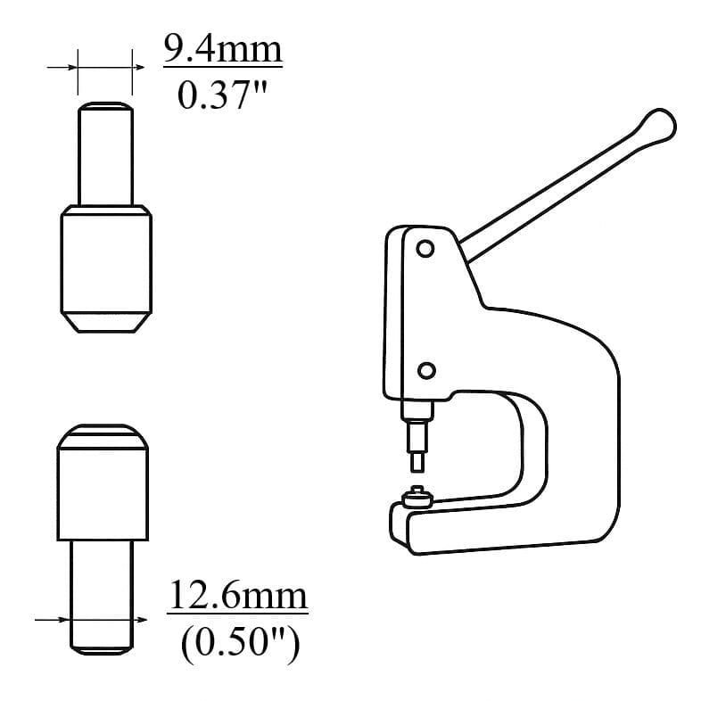 Die Setter 94 x126mm Line drawing of a manual die setter press with two interchangeable dies. Top die has a 9.4mm (0.37 inch) shaft diameter; bottom die has a 12.6mm (0.50 inch) shaft diameter.