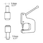 Die Setter 94 x94mm | Avetco Leather Hides and Eva Foam Line drawing of a manual die setter press with two interchangeable dies. Both top and bottom dies have a 9.4mm (0.37 inch) shaft diameter.