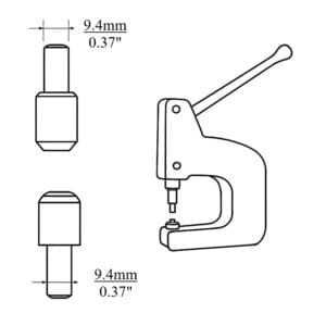 Line drawing of a manual die setter press with two interchangeable dies. Both top and bottom dies have a 9.4mm (0.37 inch) shaft diameter.