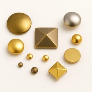 Assorted metal nail heads in antique brass, nickel, and gold finishes displayed on a white background, featuring round, dome, and pyramid shapes Die Setter for nail heads-Category image-Avetco