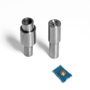 Die setter tool set for 6.5mm NH72 parachute nailhead, shown with a brass nailhead installed on blue fabric, designed for precise and damage-free application