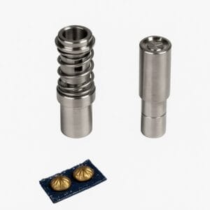 Die setter tool set for 9mm NH72 parachute nailhead, shown with a brass nailhead installed on blue fabric, designed for precise and damage-free application.