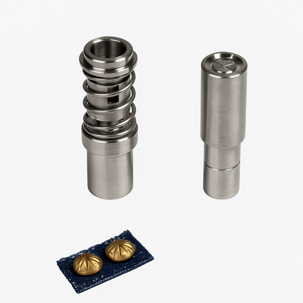 NH 72 9MM Die 2 Die setter tool set for 9mm NH72 parachute nailhead, shown with a brass nailhead installed on blue fabric, designed for precise and damage-free application.