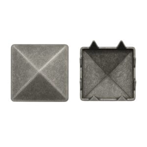 Top and bottom view of 13.7mm Pyramid Nail Head NH150 in antique nickel finish, showing detailed texture and prongs – Avetco