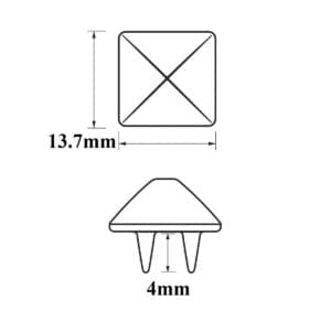 Black and white technical illustration of 13.7mm pyramid nail head with 4mm spike, showing precise measurements for leathercraft and accessory use