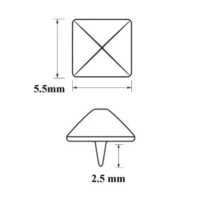 Black and white technical illustration of 5.5mm pyramid nail head with 2.5mm spike, showing precise measurements for leathercraft and accessory use