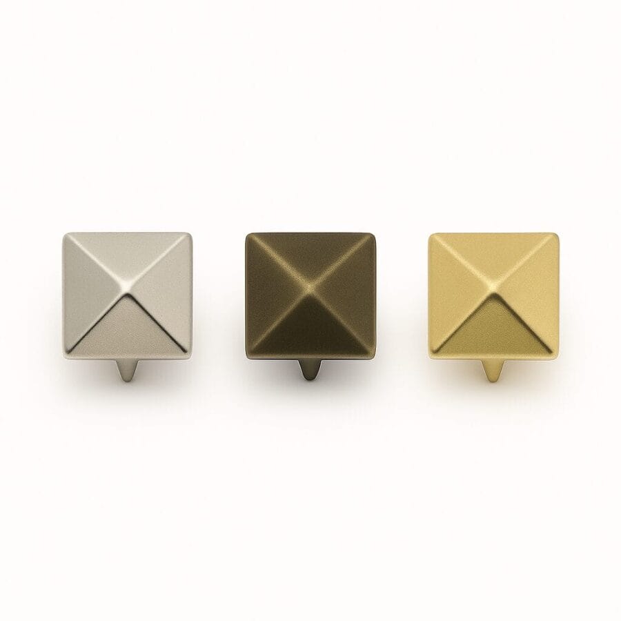 Nickel, Antique Brass, and Gold 9mm pyramid nailhead nh36 displayed side by side for color comparison in leathercraft and accessory use