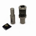 9mm Pyramid nail head nh36 die tool set with upper and lower dies and sample nail head on fabric – Avetco